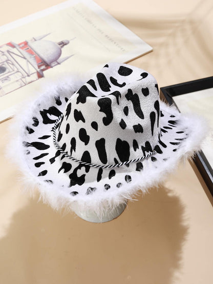 Black and White Cowboy Party Hat with Fur Decoration