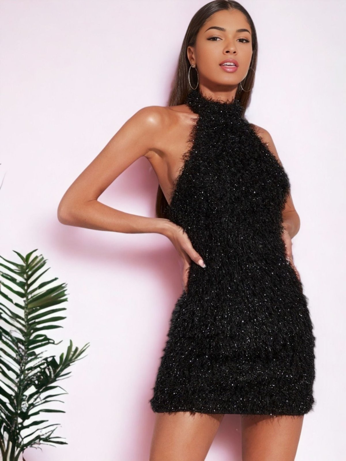 Black Fuzzy Halter Dress