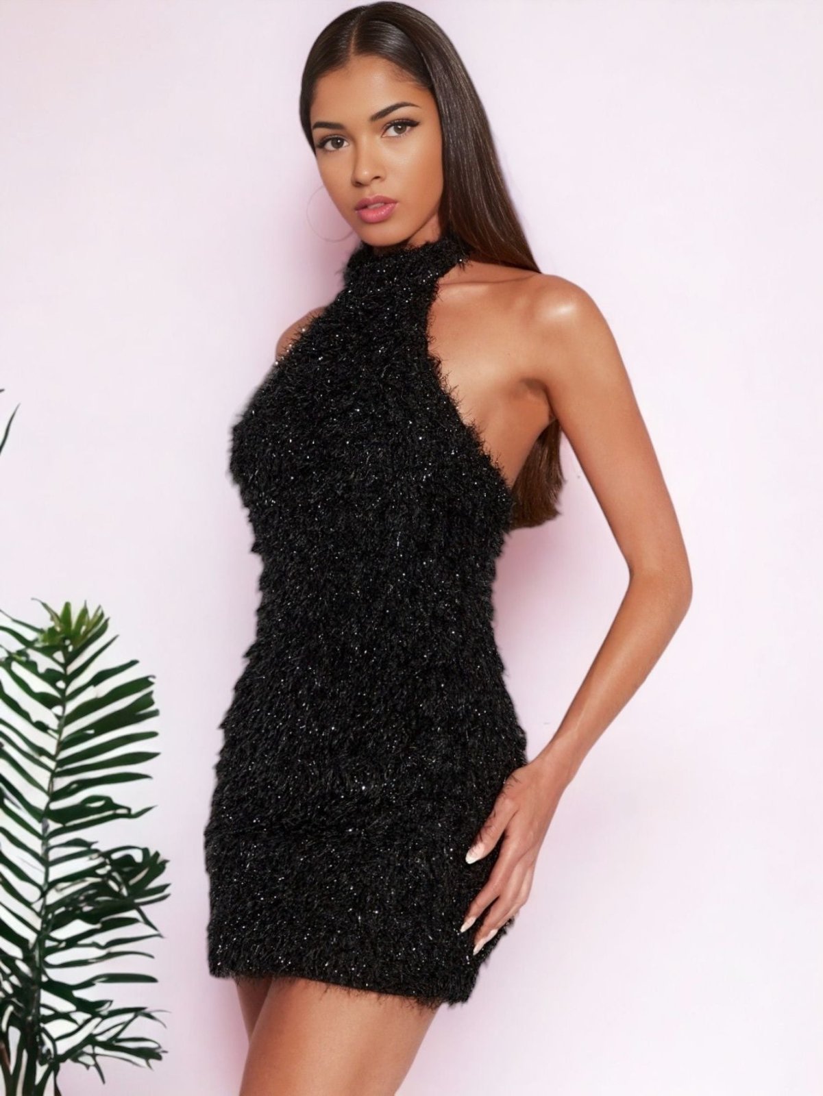 Black Fuzzy Halter Dress