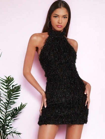 Black Fuzzy Halter Dress