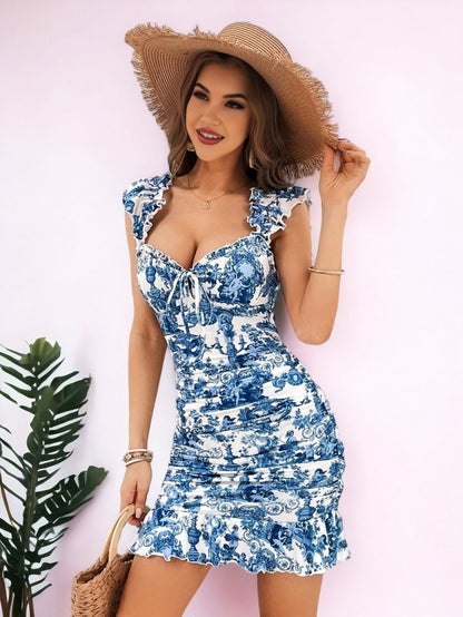 Blue & White Tropical Bodycon Summer Dress