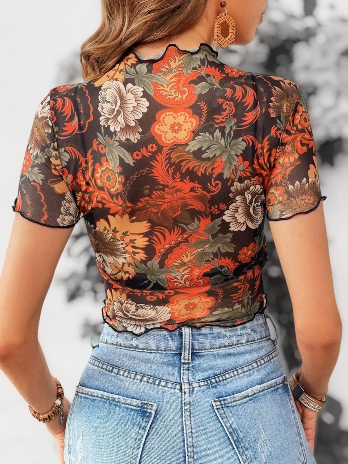 Floral Print Mesh Sheer Crop Top