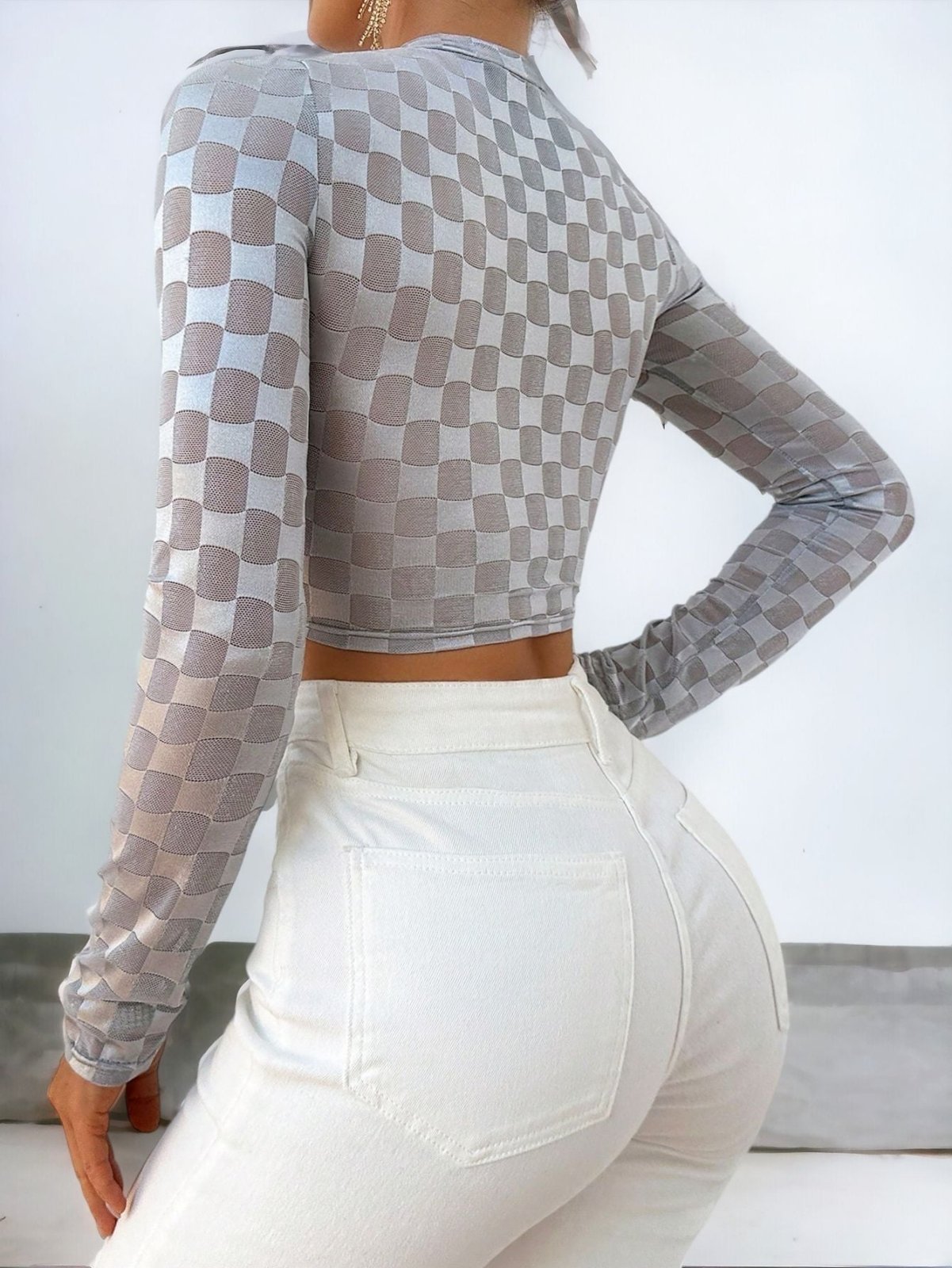 Silver Checker Pattern Crop Top