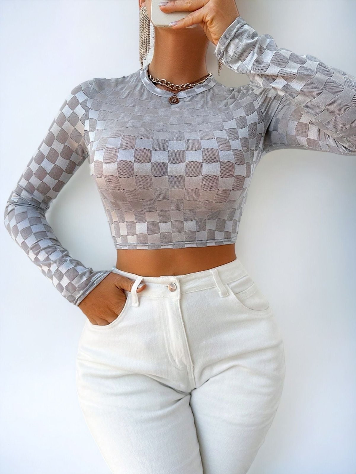 Silver Checker Pattern Crop Top