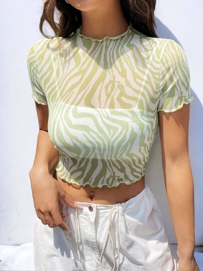 Spring Striped Lettuce Trim Mesh Sheer Top