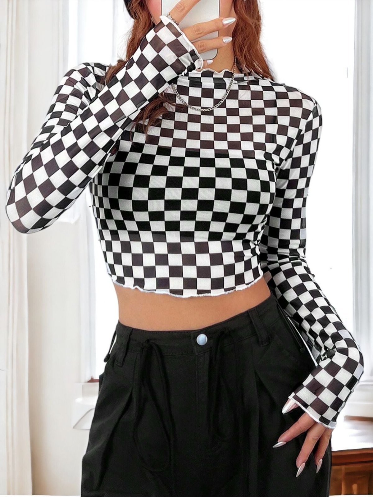 Sexy Raceway Checker Mesh Long-Sleeve Crop Top