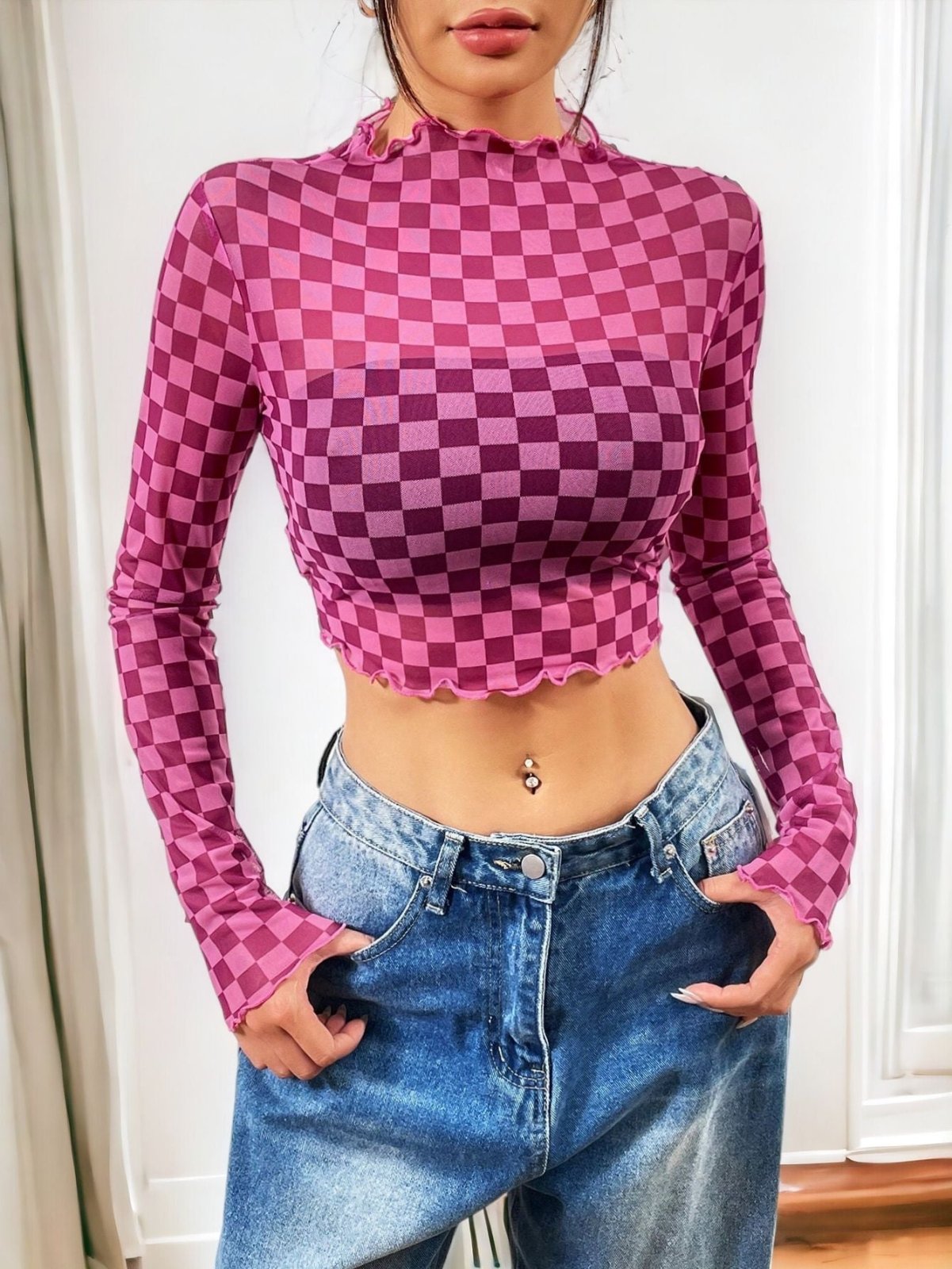 Sexy Raceway Checker Mesh Long-Sleeve Crop Top