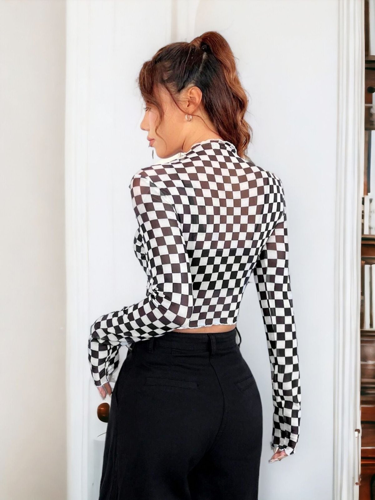 Sexy Raceway Checker Mesh Long-Sleeve Crop Top