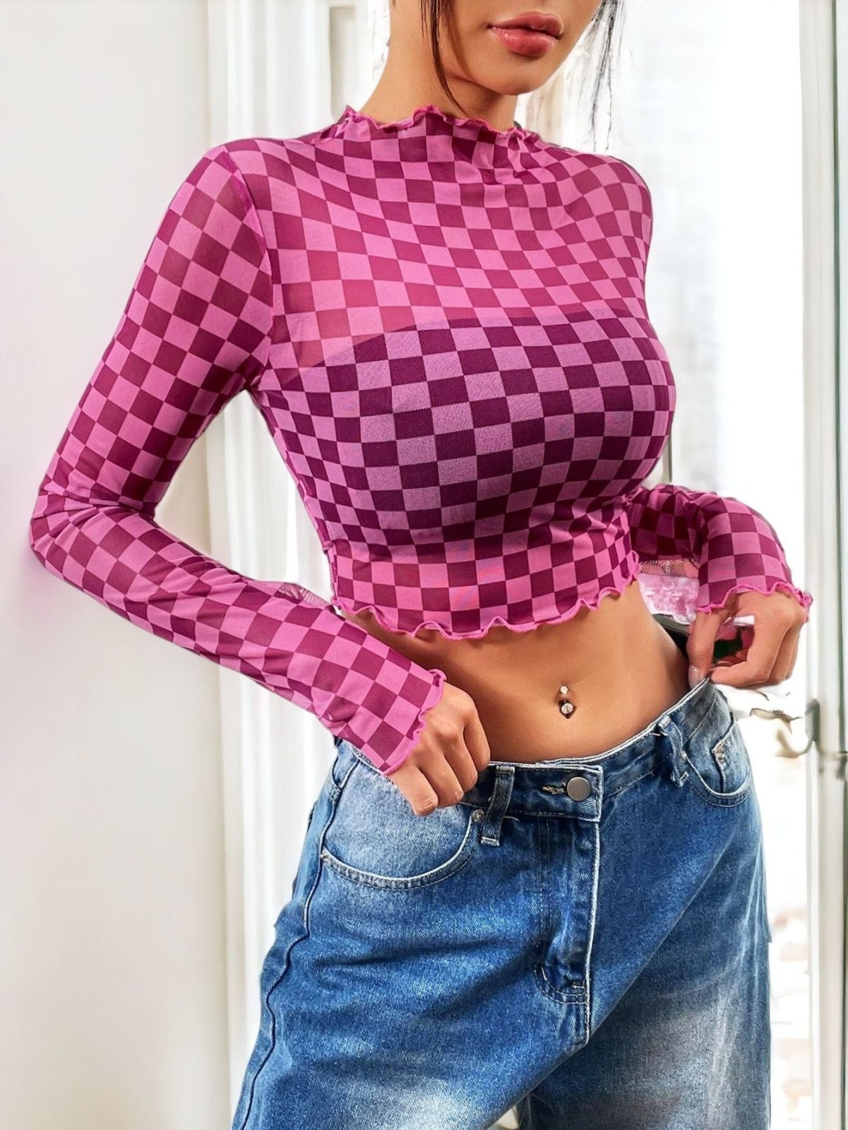 Sexy Raceway Checker Mesh Long-Sleeve Crop Top