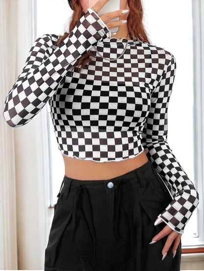 Sexy Raceway Checker Mesh Long-Sleeve Crop Top