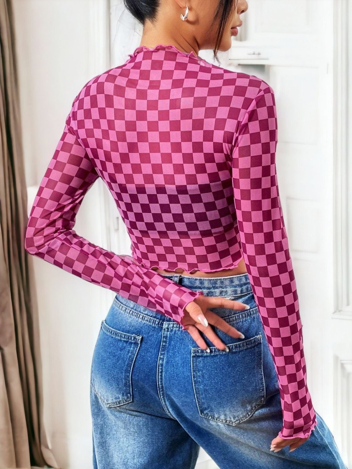 Sexy Raceway Checker Mesh Long-Sleeve Crop Top