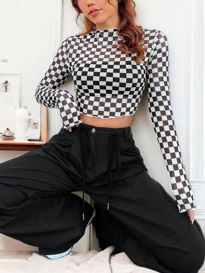 Sexy Raceway Checker Mesh Long-Sleeve Crop Top