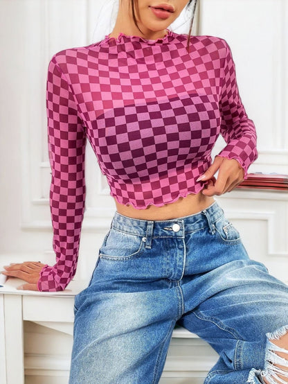 Sexy Raceway Checker Mesh Long-Sleeve Crop Top