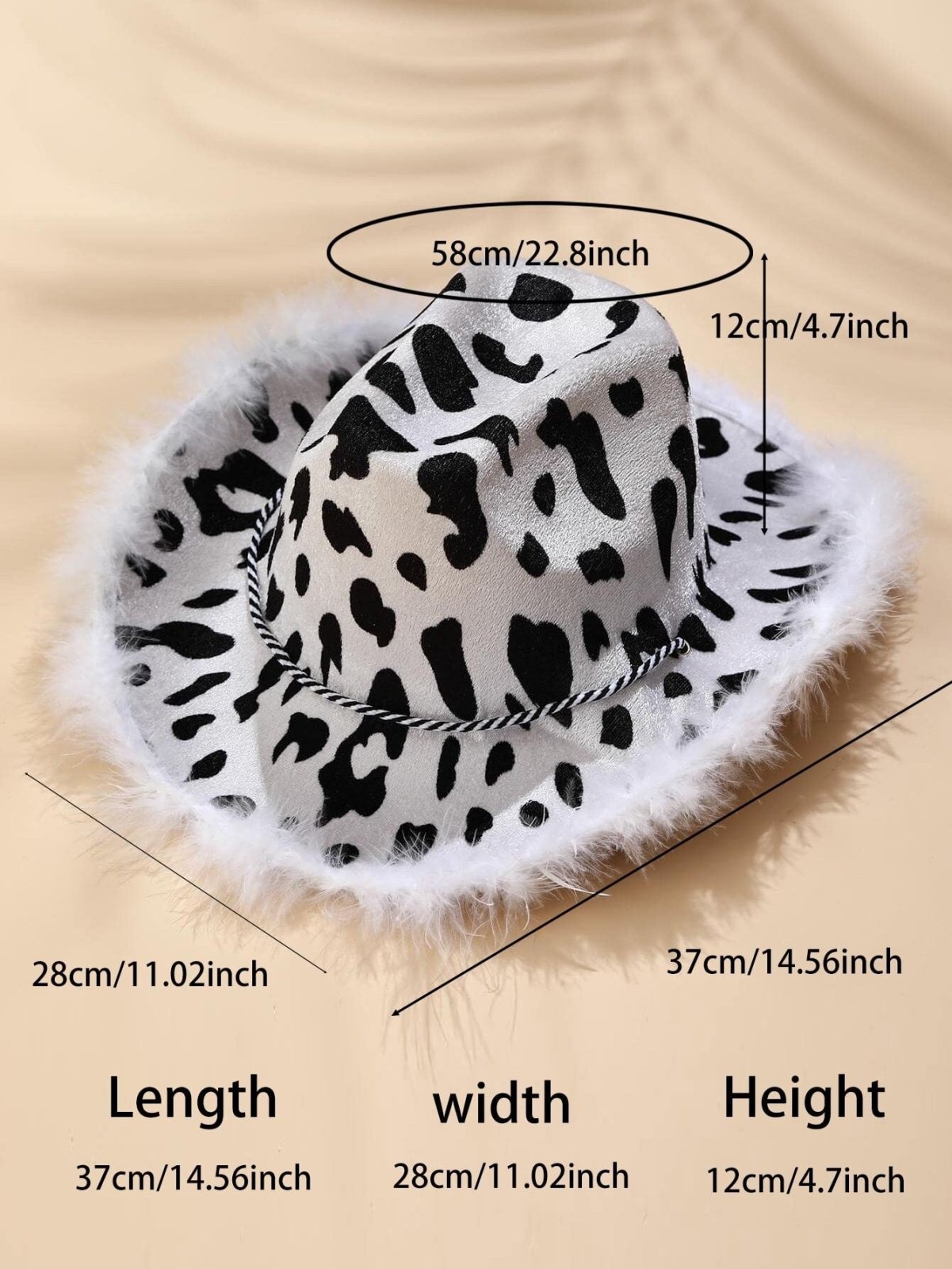 Black and White Cowboy Party Hat with Fur Decoration