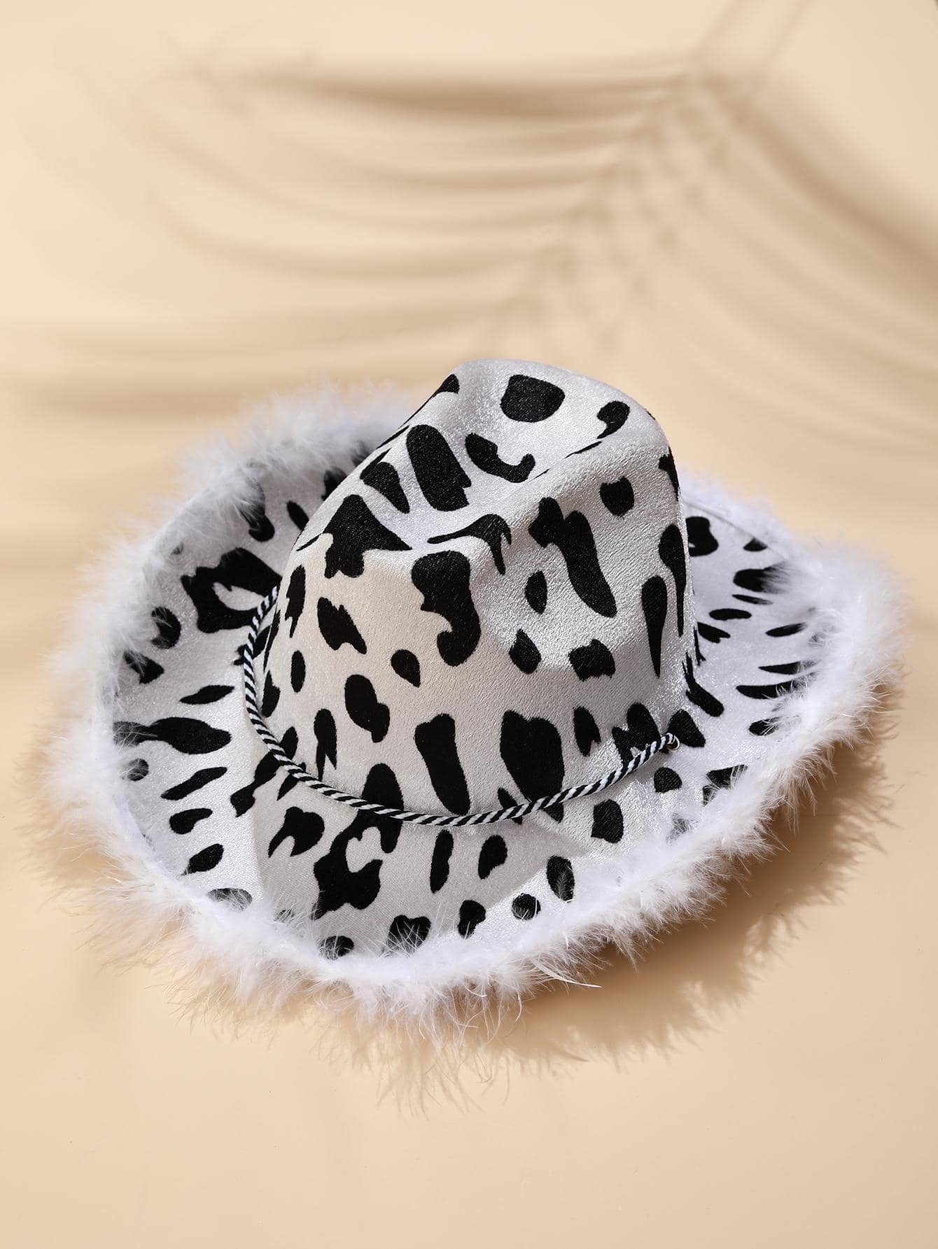 Black and White Cowboy Party Hat with Fur Decoration