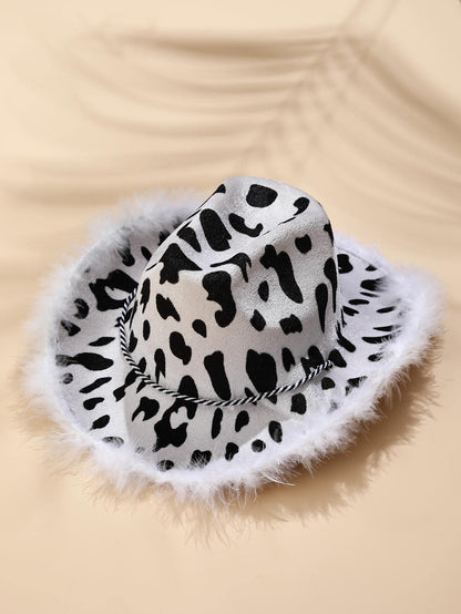 Black and White Cowboy Party Hat with Fur Decoration