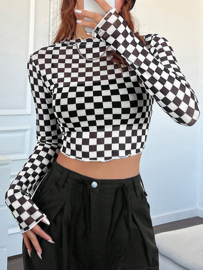 Sexy Raceway Checker Mesh Long-Sleeve Crop Top